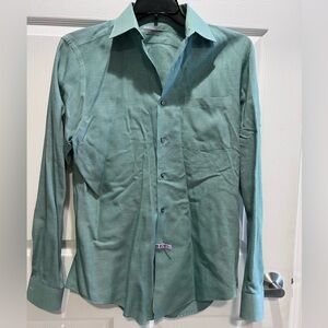 Van Heusen fitted dress shirt, green and white check, fits like Medium. EUC.